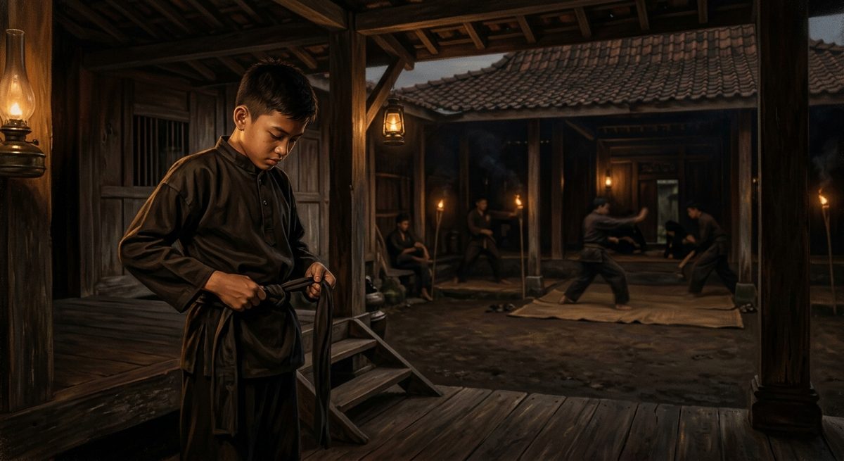 Pesilat baru merapikan ikat pinggang sebelum mengikuti latihan pertamanya