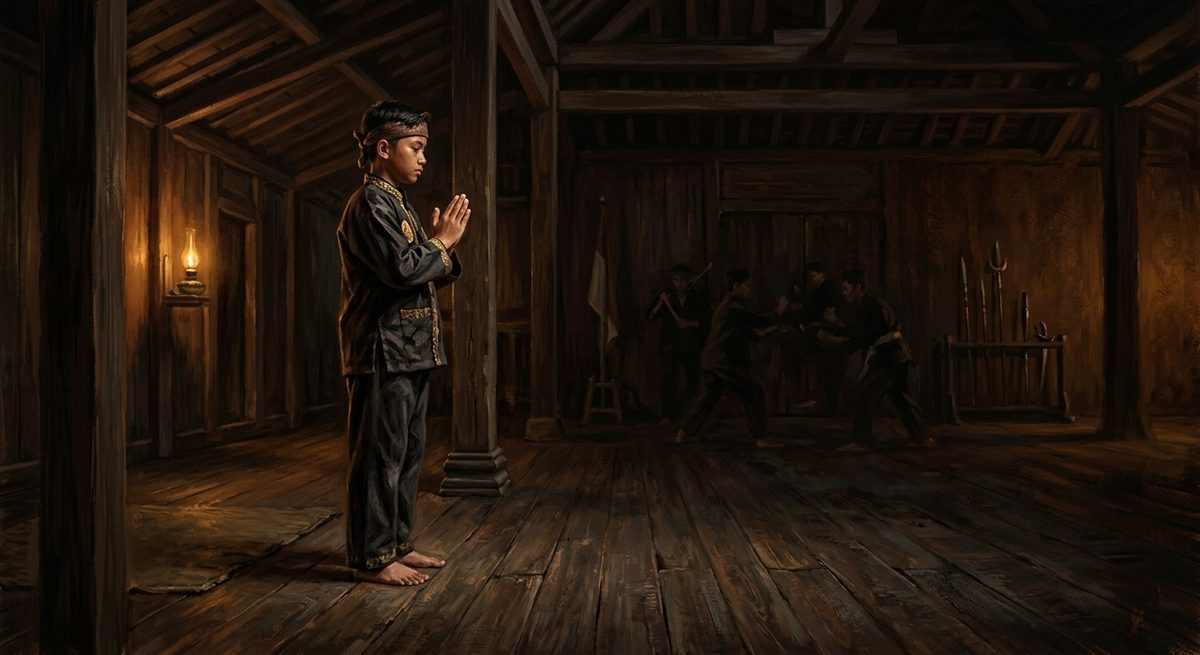 Pesilat memberi salam hormat dengan tangan terbuka sebelum memulai latihan