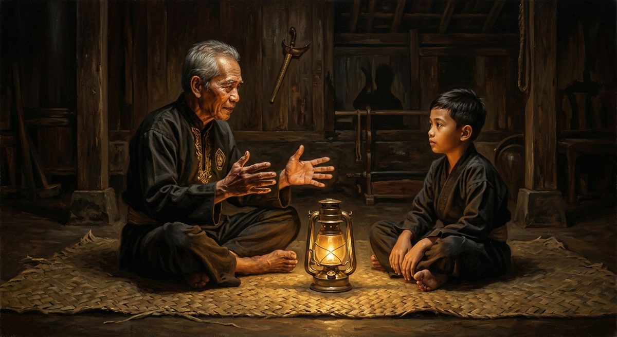 Guru tua dan murid muda duduk berdiskusi di atas tikar anyam