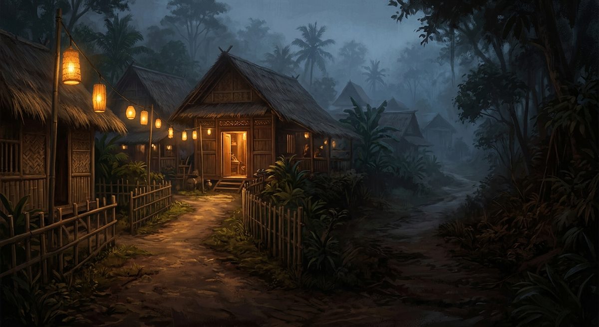 Dua jalan berbeda di desa berkabut senja, satu jalan diterangi lentera