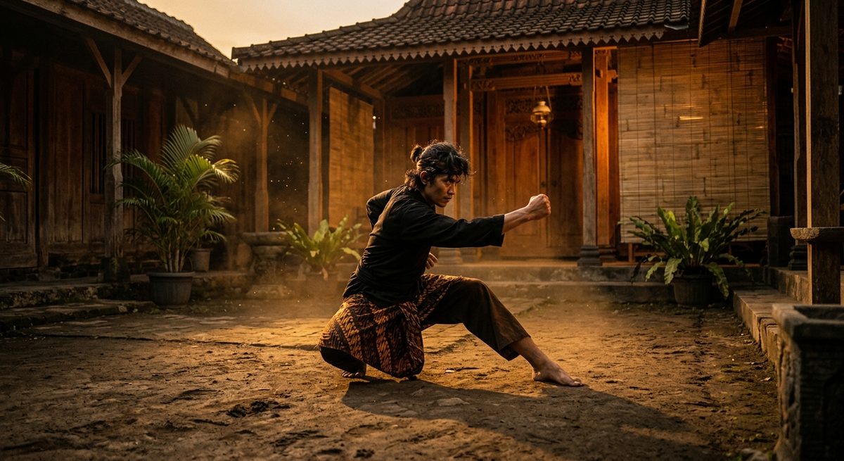 Pesilat mengulang jurus di halaman padepokan saat cahaya senja keemasan