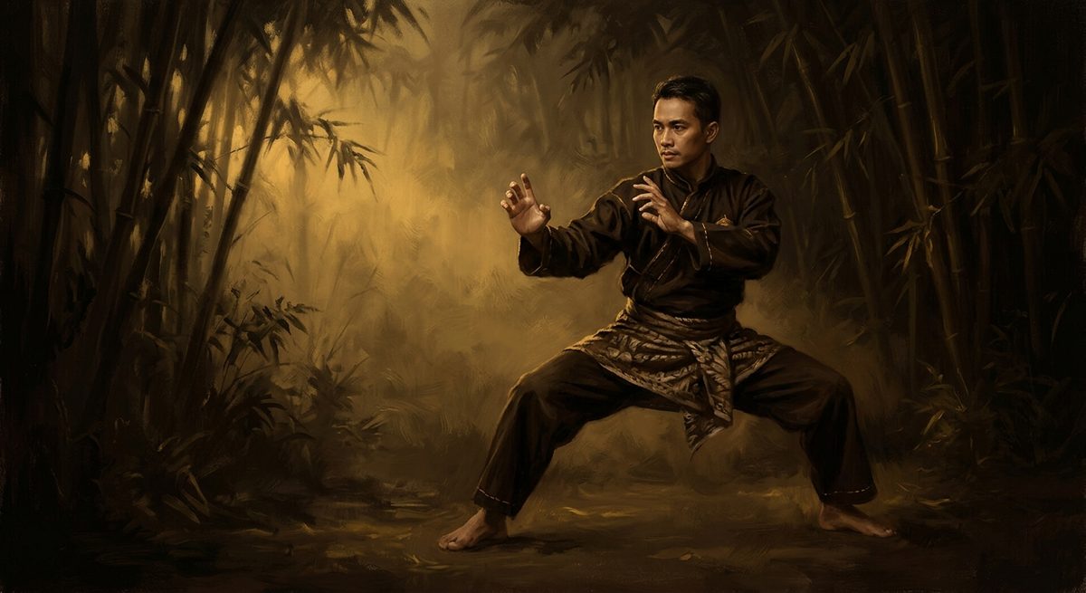 Pesilat berpose rendah menunggu timing yang tepat dengan pandangan lurus ke depan
