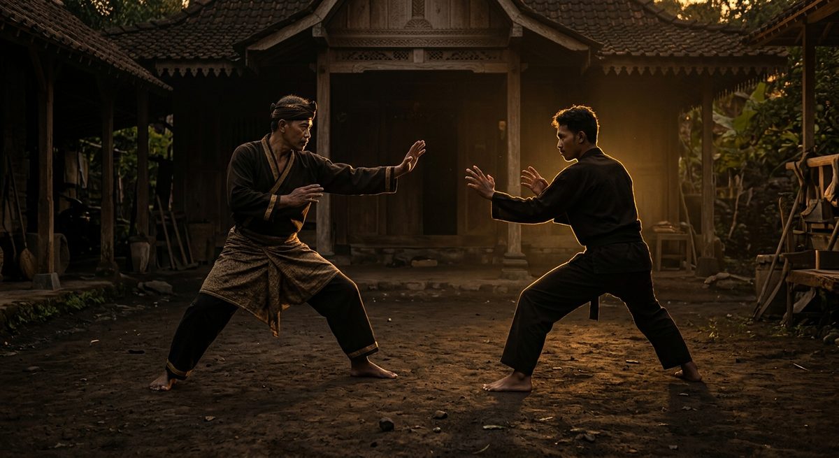 Dua pesilat saling berhadapan dalam sikap pasang dengan cahaya keemasan padepokan