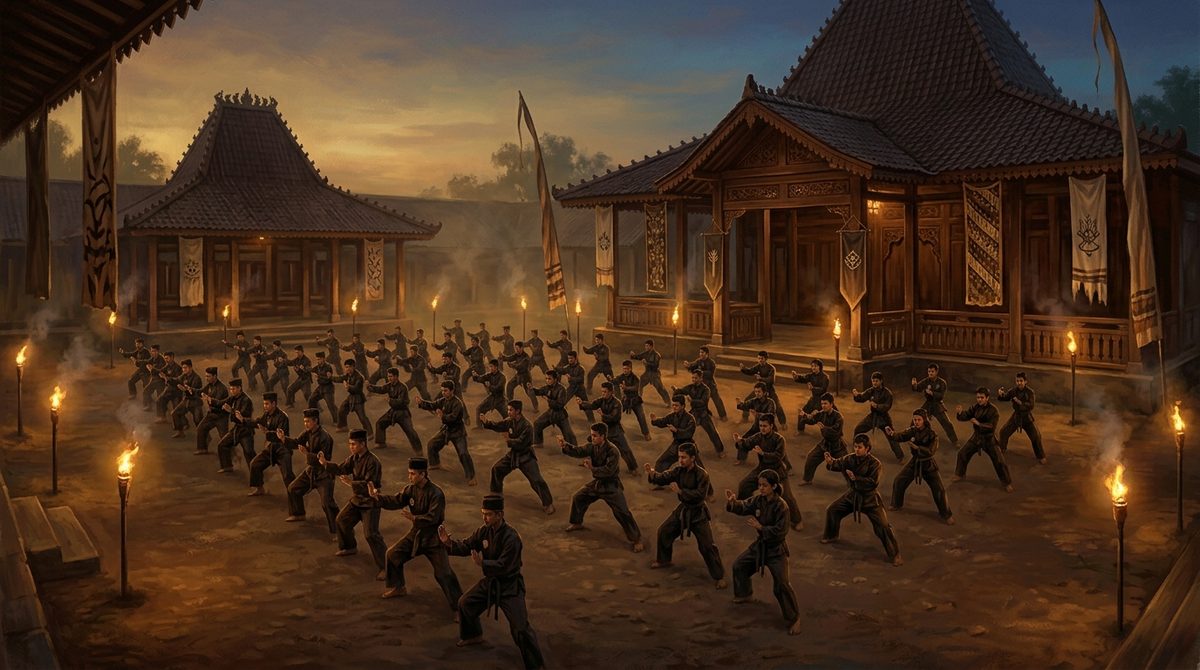 Halaman padepokan dengan barisan pesilat dan obor saat senja