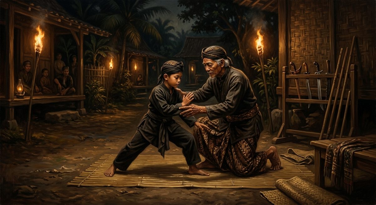 Latihan pencak silat turun-temurun di halaman padepokan bergaya Nusantara